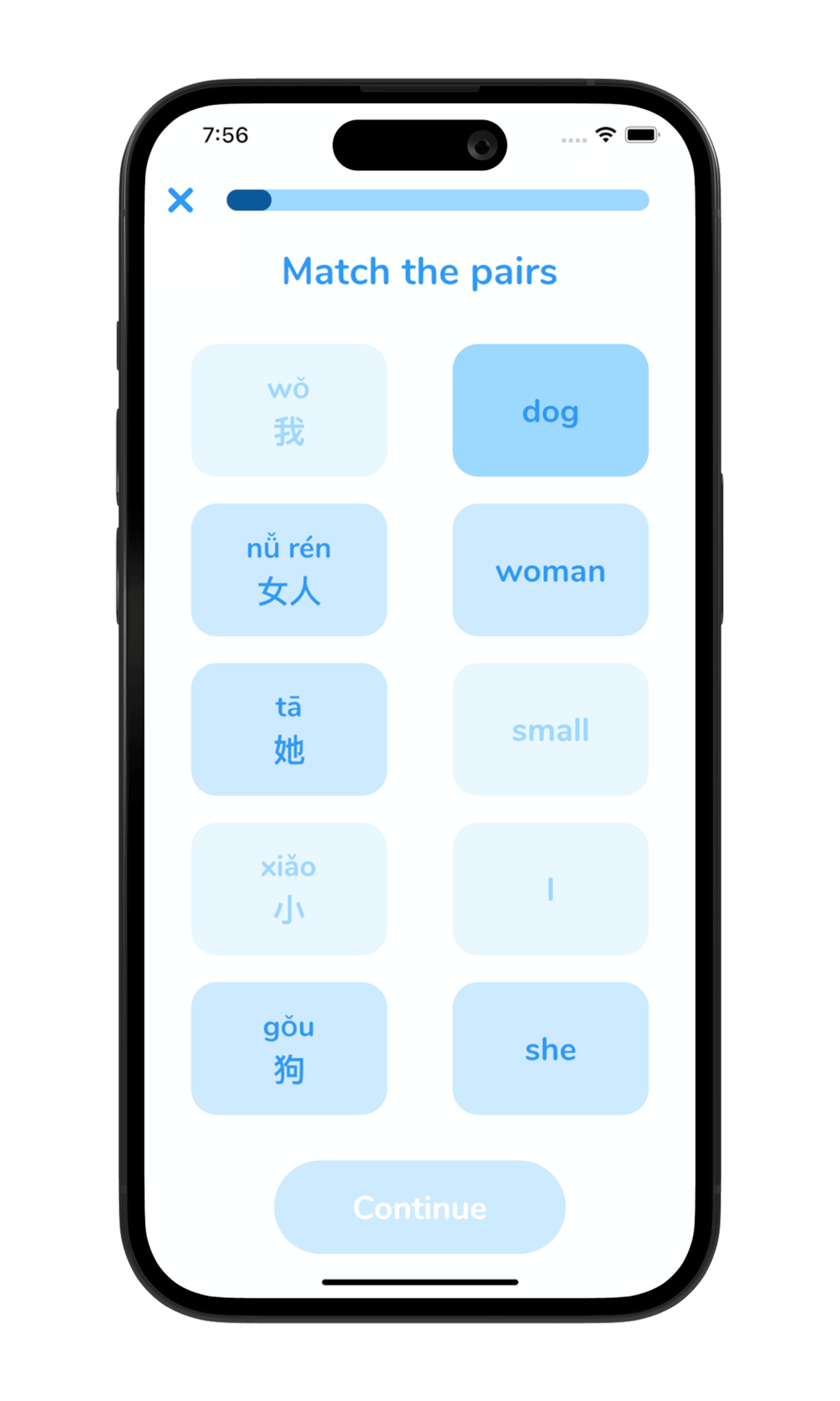 Linggo app question screen where user matches pairs of words