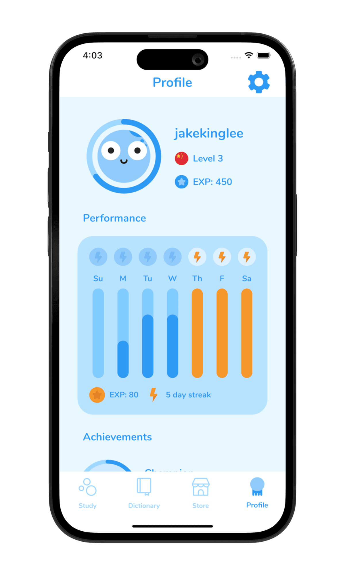 The progression screen in the Linggo app where users can view their daily streak and achievements