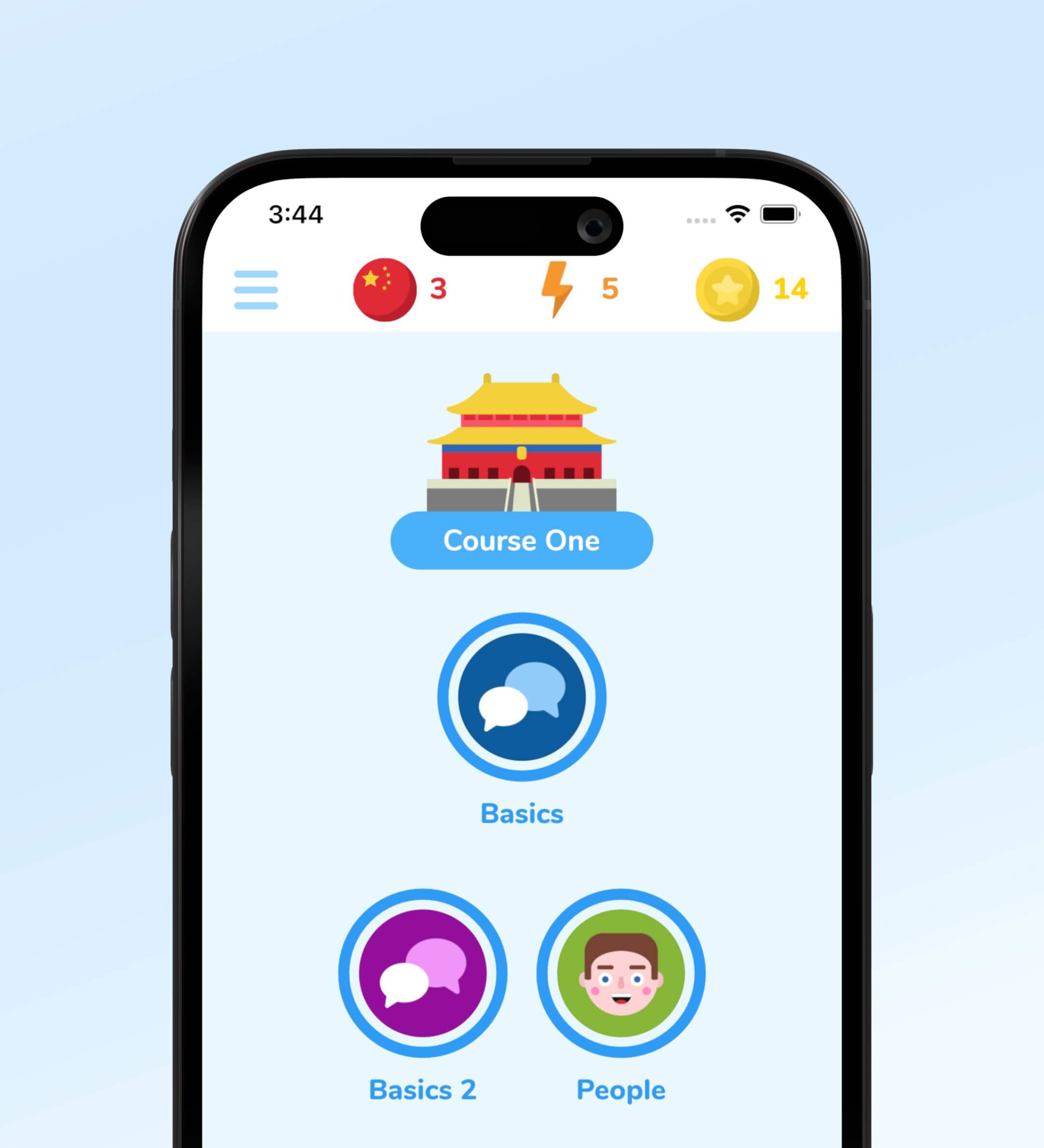 Linggo app home screen showing which lessons a user can do