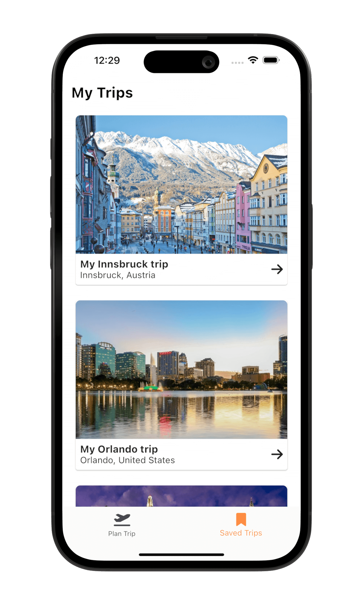 The My Trips screen in Viajo where users can view their saved plans