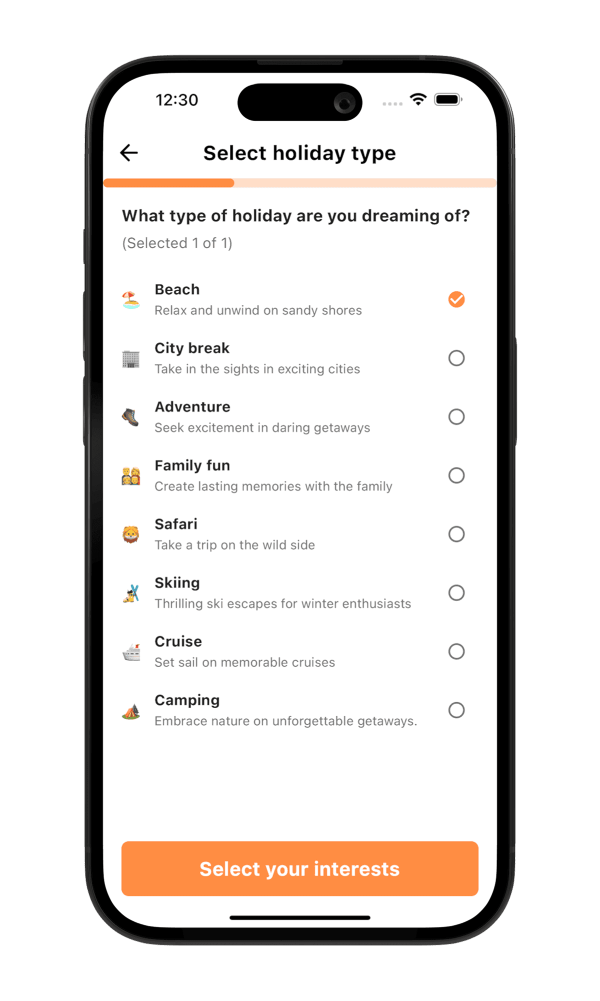 Questionnaire screen in Viajo where users choose their preferred holiday type