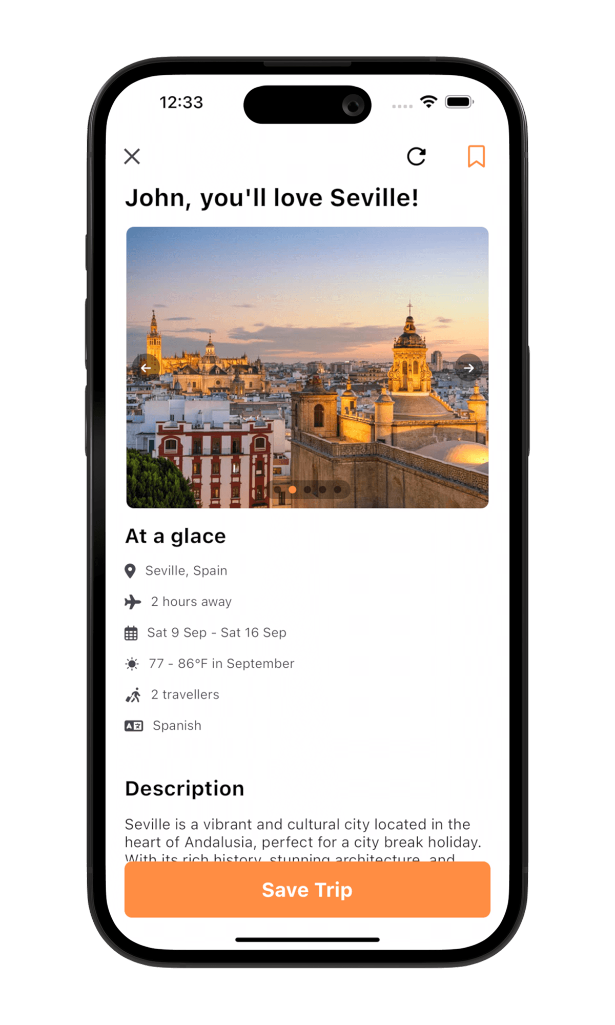 A generated holiday plan for the user